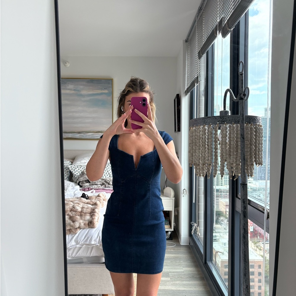Fitted Navy Blue Denim Mini Dress - Women